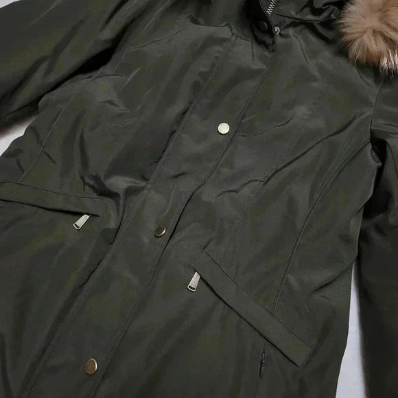 Michael Kors Knee Length Insulated Parka Jacket Coat Olive Green Racoon Hood Fur - Picture 5 of 13